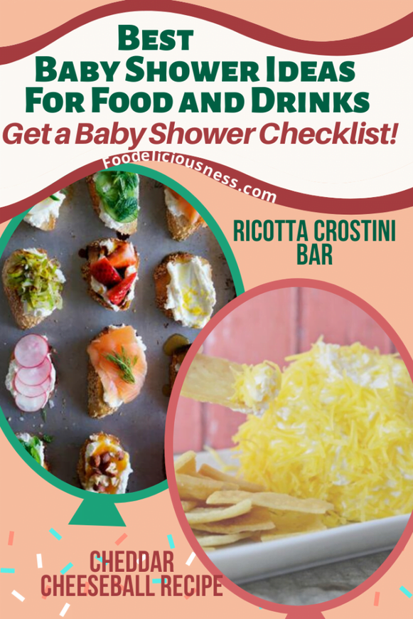 Ricotta crostini bar andcheddar cheese ball baby shower ideas